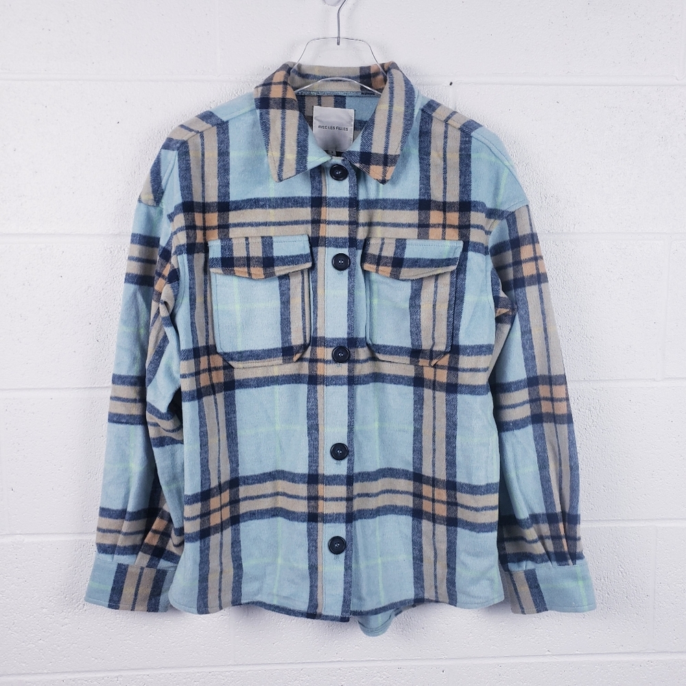 AVEC LES FILLES Oversized Plaid Button Front Fleece Shacket Blue‎ Women's  Small